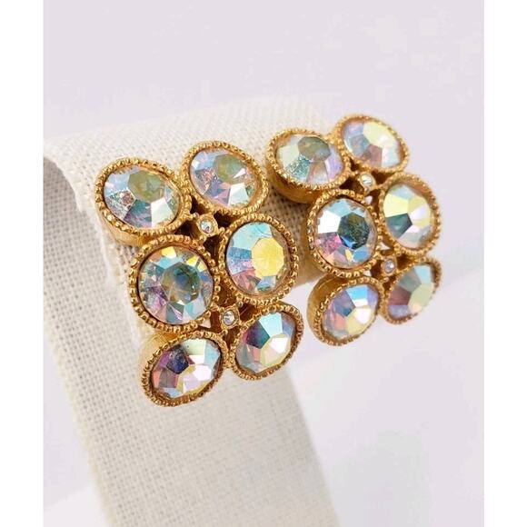 Vintage Signed Stanley Rhinestone AB Gold Tone Curved Clip On Earrings 1" - Picture 3 of 6